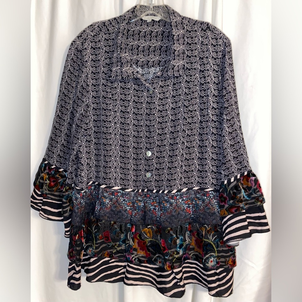 John Mark Black Mix Print Burnout Double Ruffle 3/4 Bell Sleeve Blouse Sz L